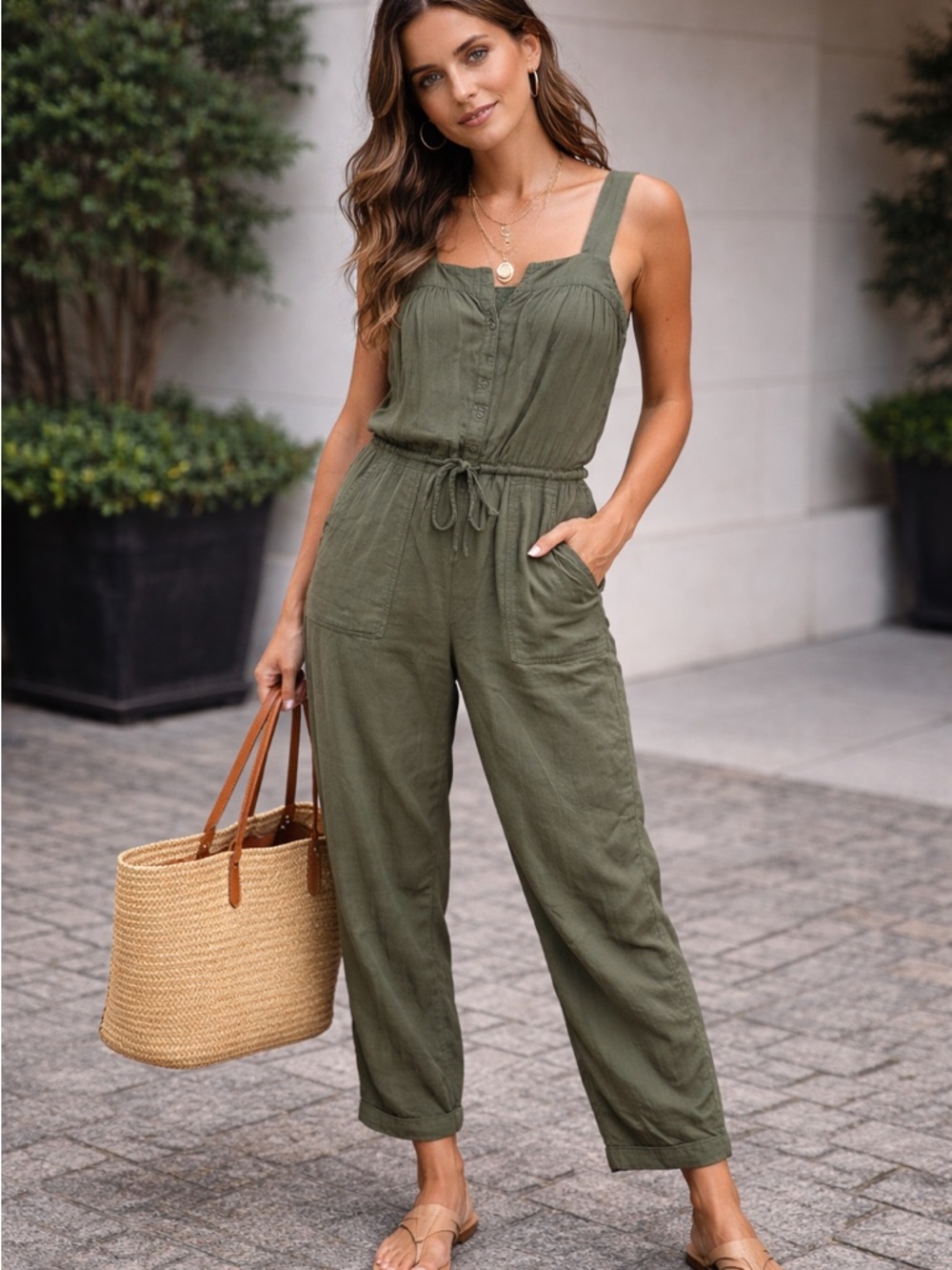 Old Navy Olive Green Sleeveless Drawstring Jumpsuit